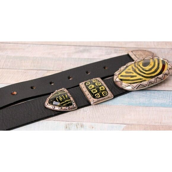 VINTAGE BLACK GENUINE LEATHER 1.25"Wd HOOK BUCKLE CASUAL WOMEN'S BELT Sz M (G74 - Picture 11 of 12